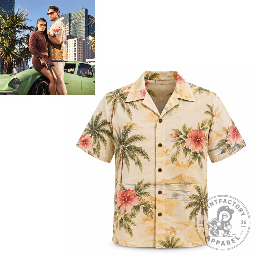 GTA VI Men's Vintage Floral Hibiscus Palm Tree Hawaiian Shirt