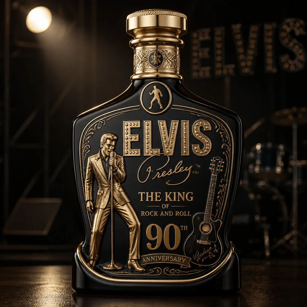Elvis Presley 90th Anniversary Decanter Bottle King of Rock and Roll Music Collectible