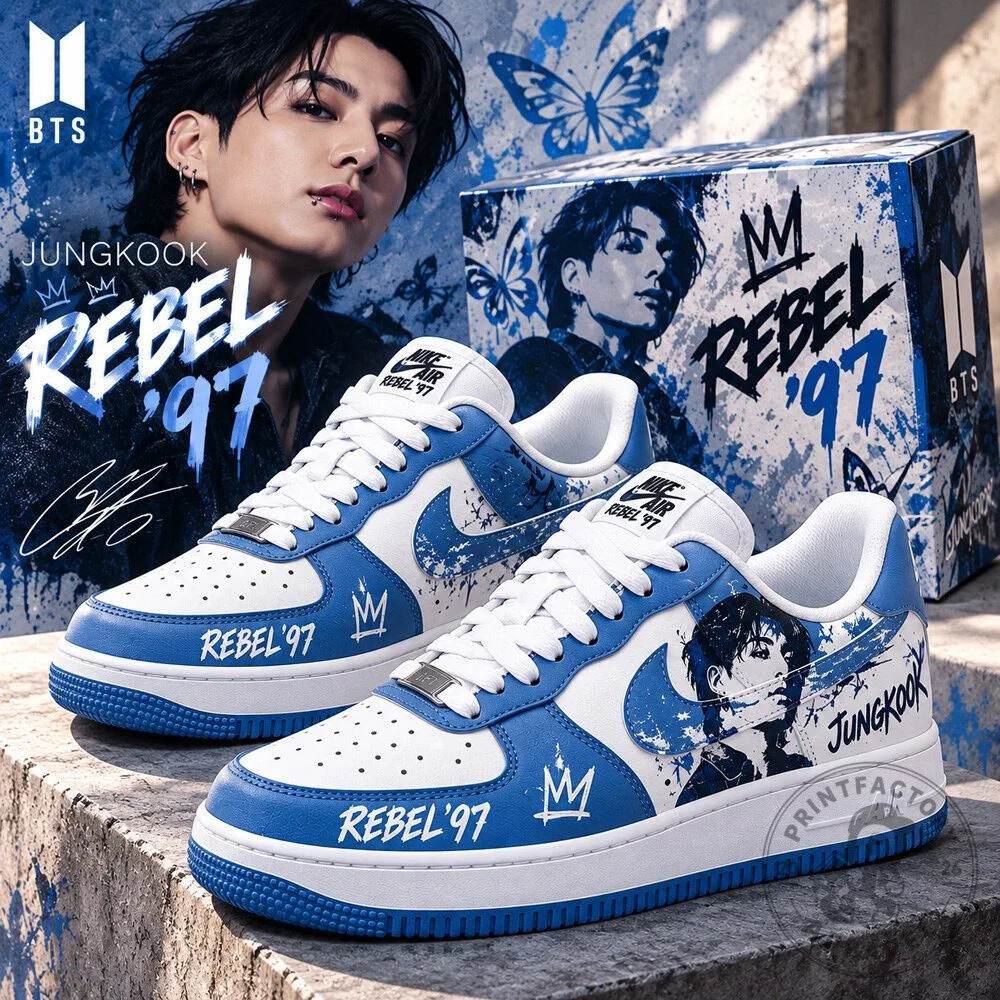 BTS Jungkook REBEL ’97 Blue White Custom Nike Air Force 1 Sneakers Shoes