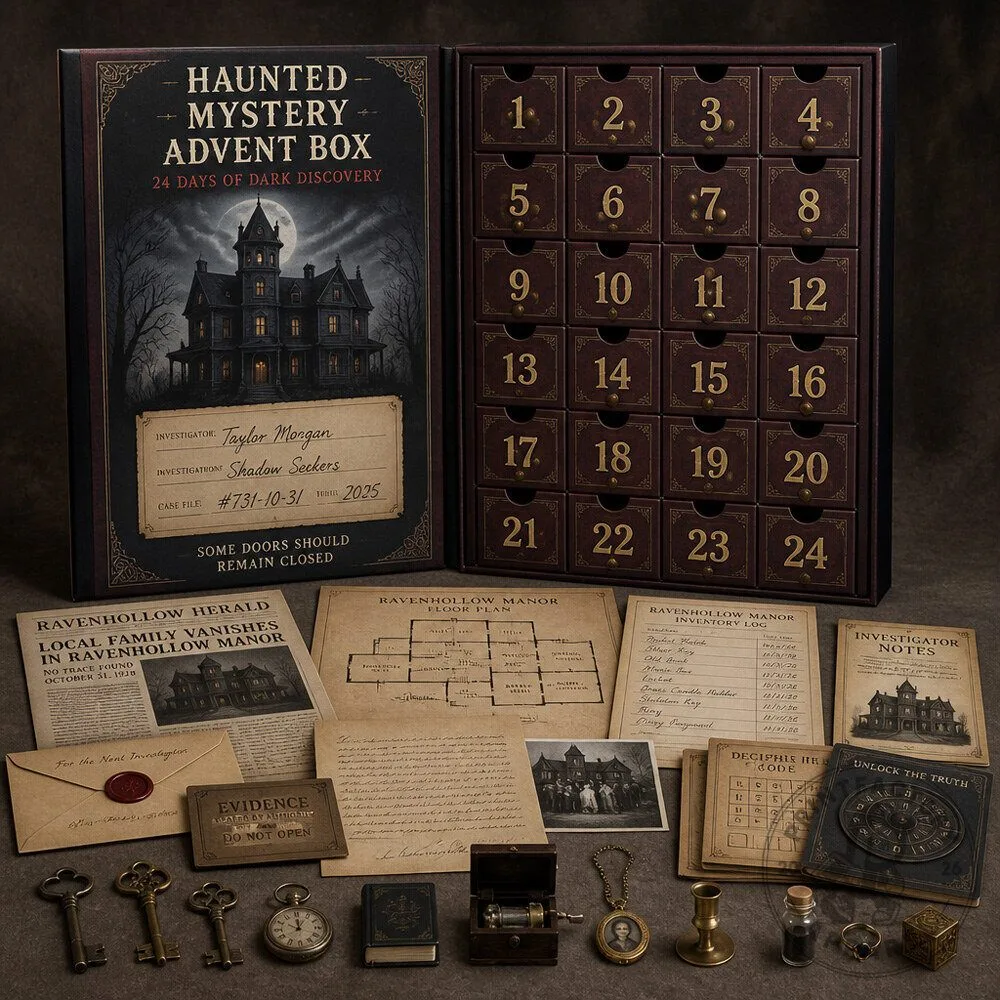 24 Day Haunted Mystery Advent Box With Clues Puzzles and Collectible Evidence Pieces